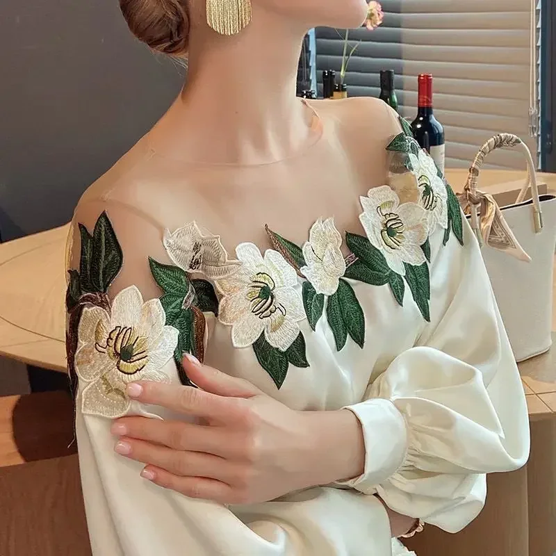 2024 Summer Women's Long-sleeved Lower Shoulder Net Embroidered Satin Shirt Women's Top Women's Blue Chiffon Shirt