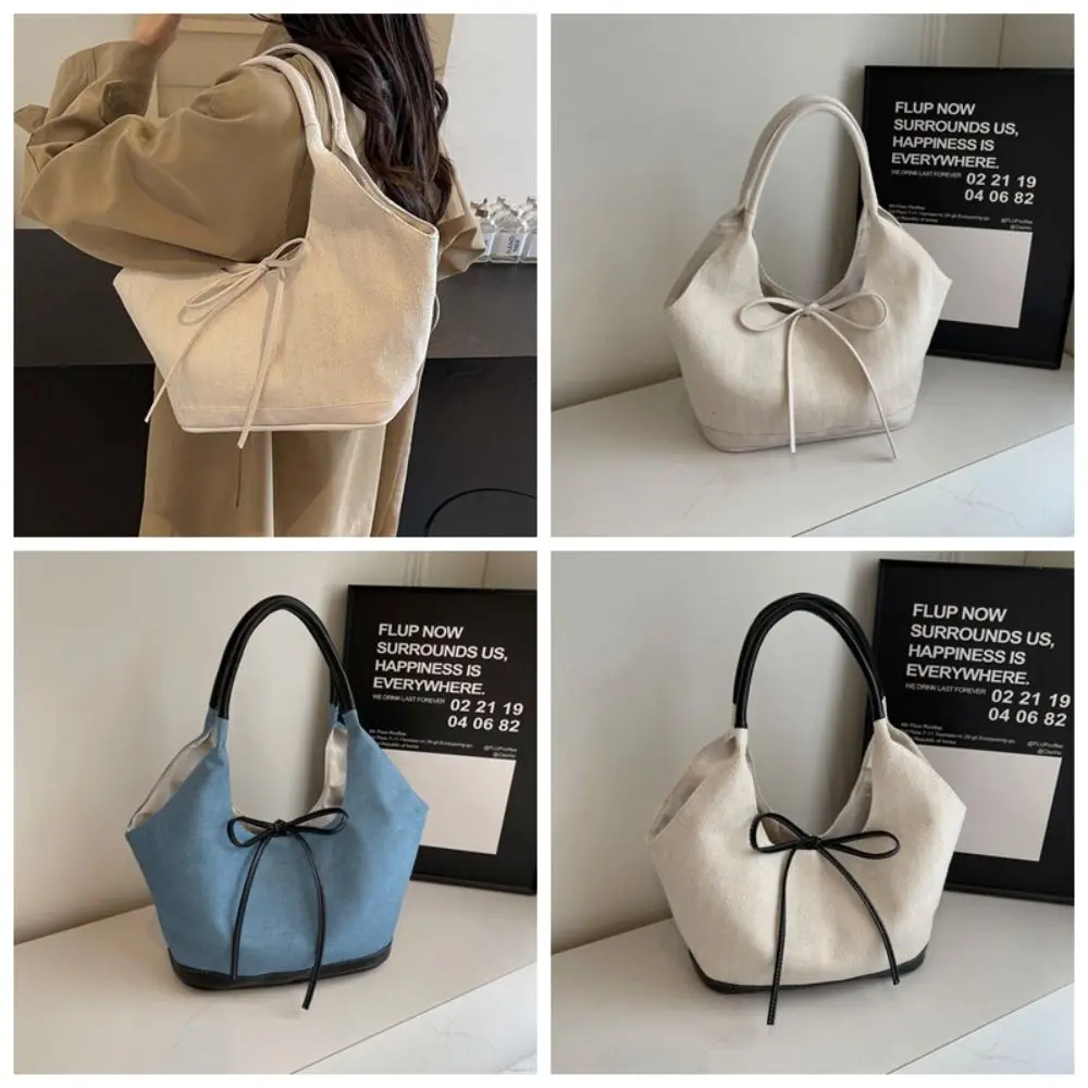 

Portable Korean Style Canvas Tote Bag Underarm Bag Pu Leather Cloth Bow Shoulder Bag Bucket Bag Large Capacity Women