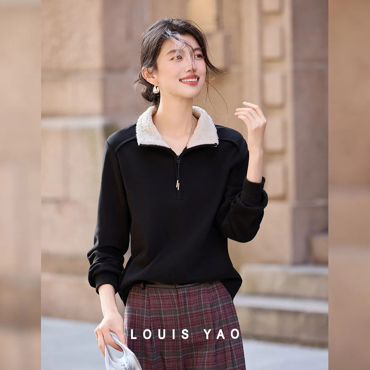 

LOUIS YAO Knitted German Velvet Double sided Thick Hoodie 2025Autumn Casual Sweatshirt Contrast Color Stand up Collar Zipper Top