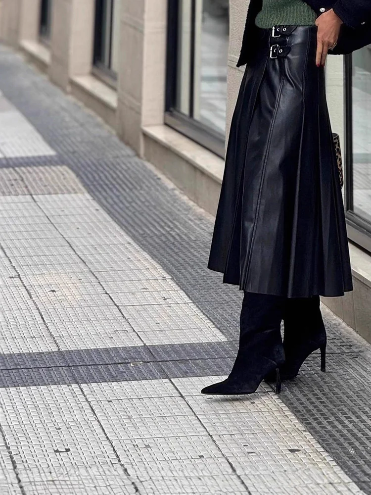 

Элегантная повседневная плиссированная длинная юбка с большим подолом, модные полуюбки из искусственной кожи с высокой талией, осенние новые однотонные женские юбки трапециевидной формы