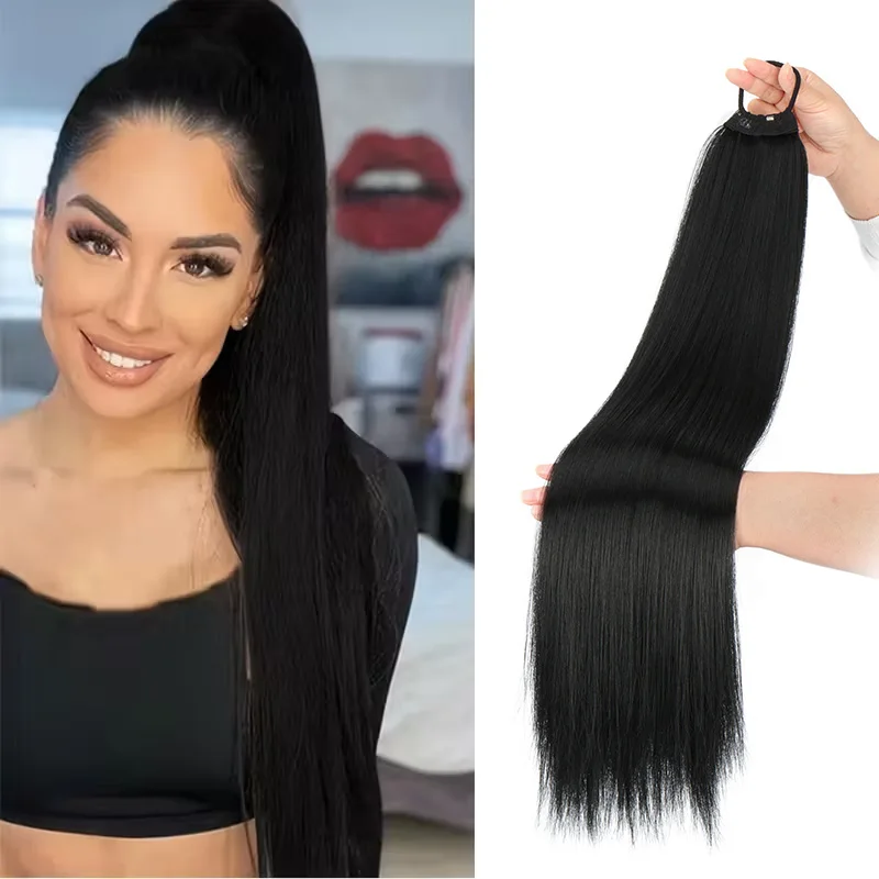 28Inch Synthetic Long Straight Ponytail Hair Extneison Heat Resistant Black Wrap Around DIY Braid Hairpiece for Women