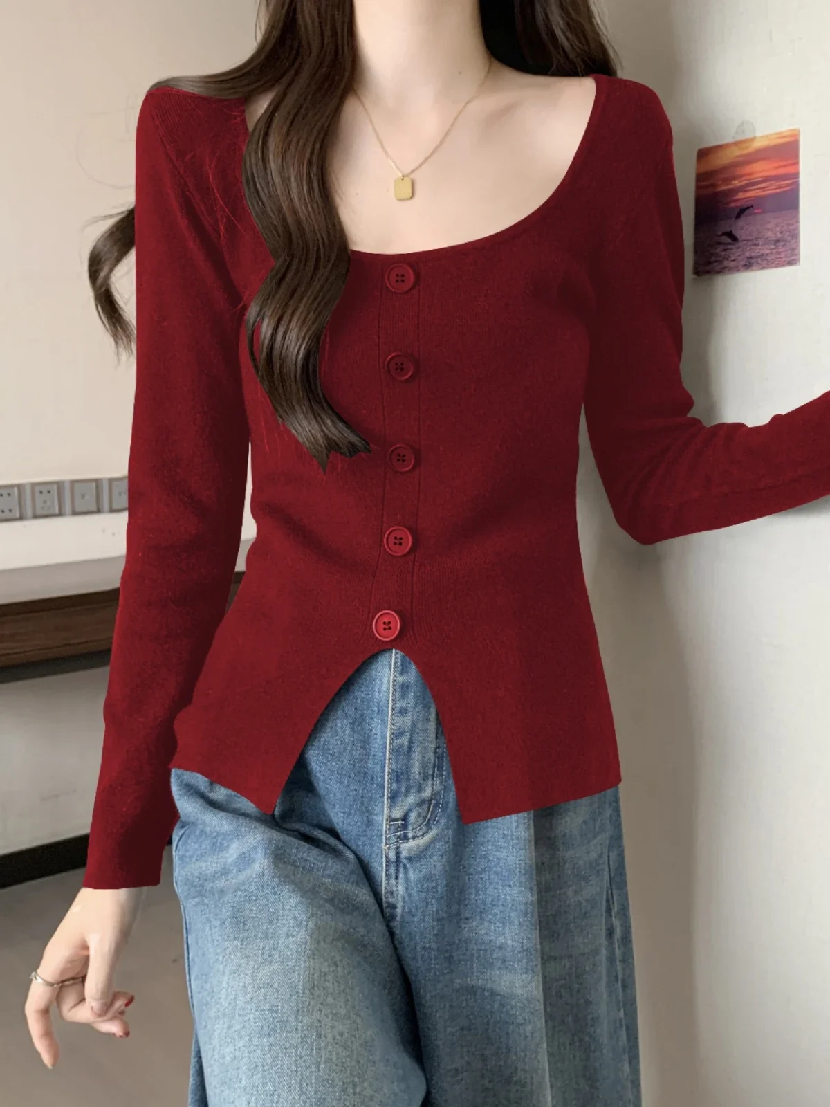 Slim Knitted Pullovers Women Buttons Solid Korean Style Gentle Temper Square Collar Slit Hotsweet Girls Autumn Basic Tops New