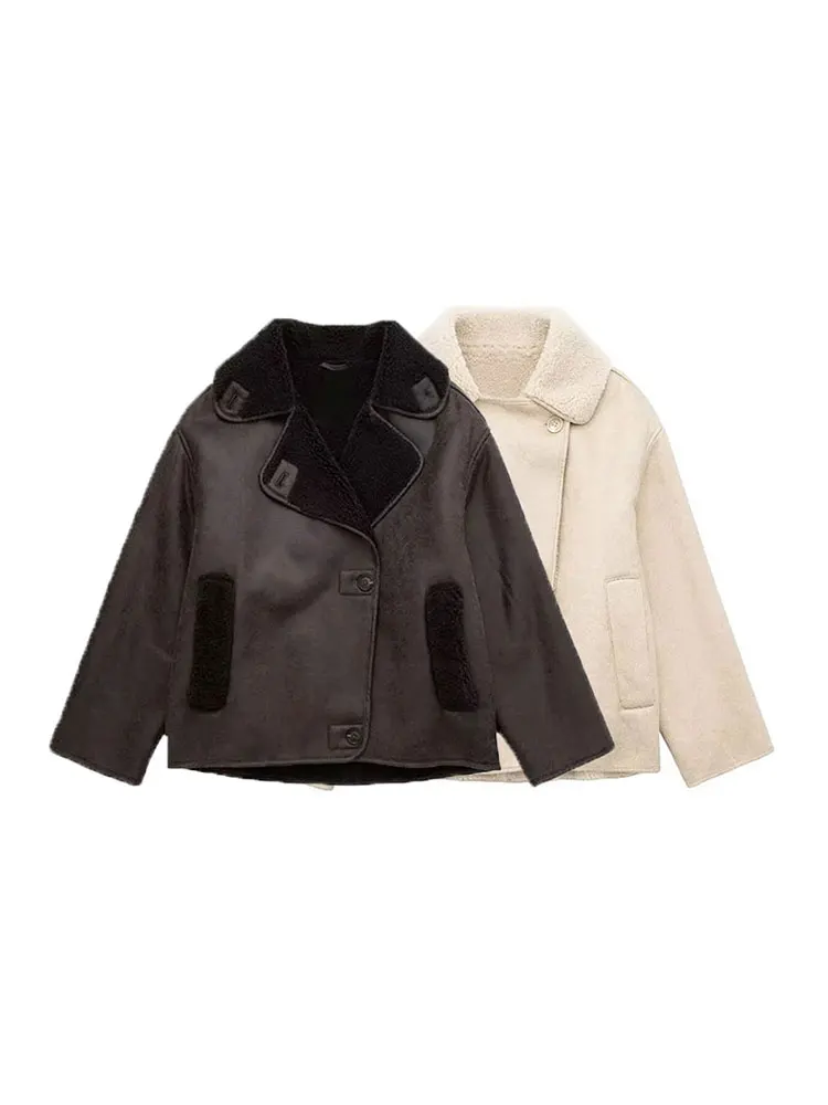 TRAF 2023 Winter Women\'s New Vintage Thick Lapel Faux Leather Lambswool Jacket Single Breasted Pocket Street Warm Coats Outwear