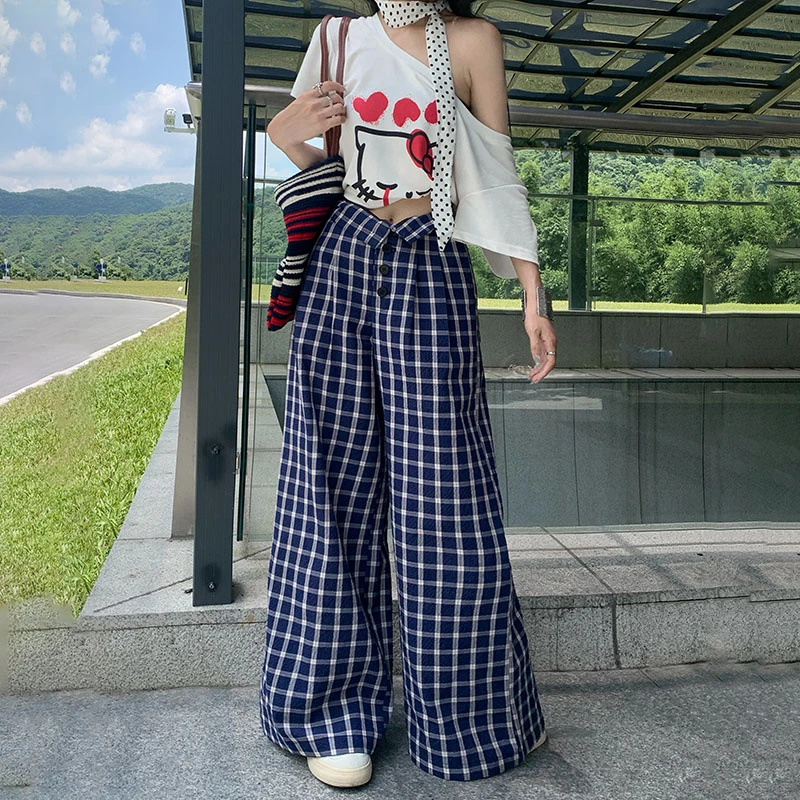 

Vintage Plaid Loose Wide-Leg Pants for Women with Single-Row Multi-Button Closure and Lazy Draping Design