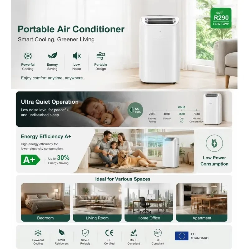 Portable Air Conditioner R290 9000-12000 BTU Class A No Installation Required for Bedrooms Apartments Kitchens EU Wholesale