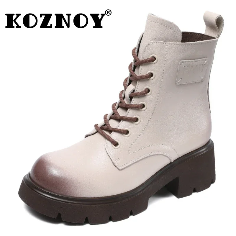 Koznoy 5.5cm Cow Genuine Leather Ladies Fashion Ankle Booties Boots Women Moccasins Autumn Winter Plush Spring Shoes