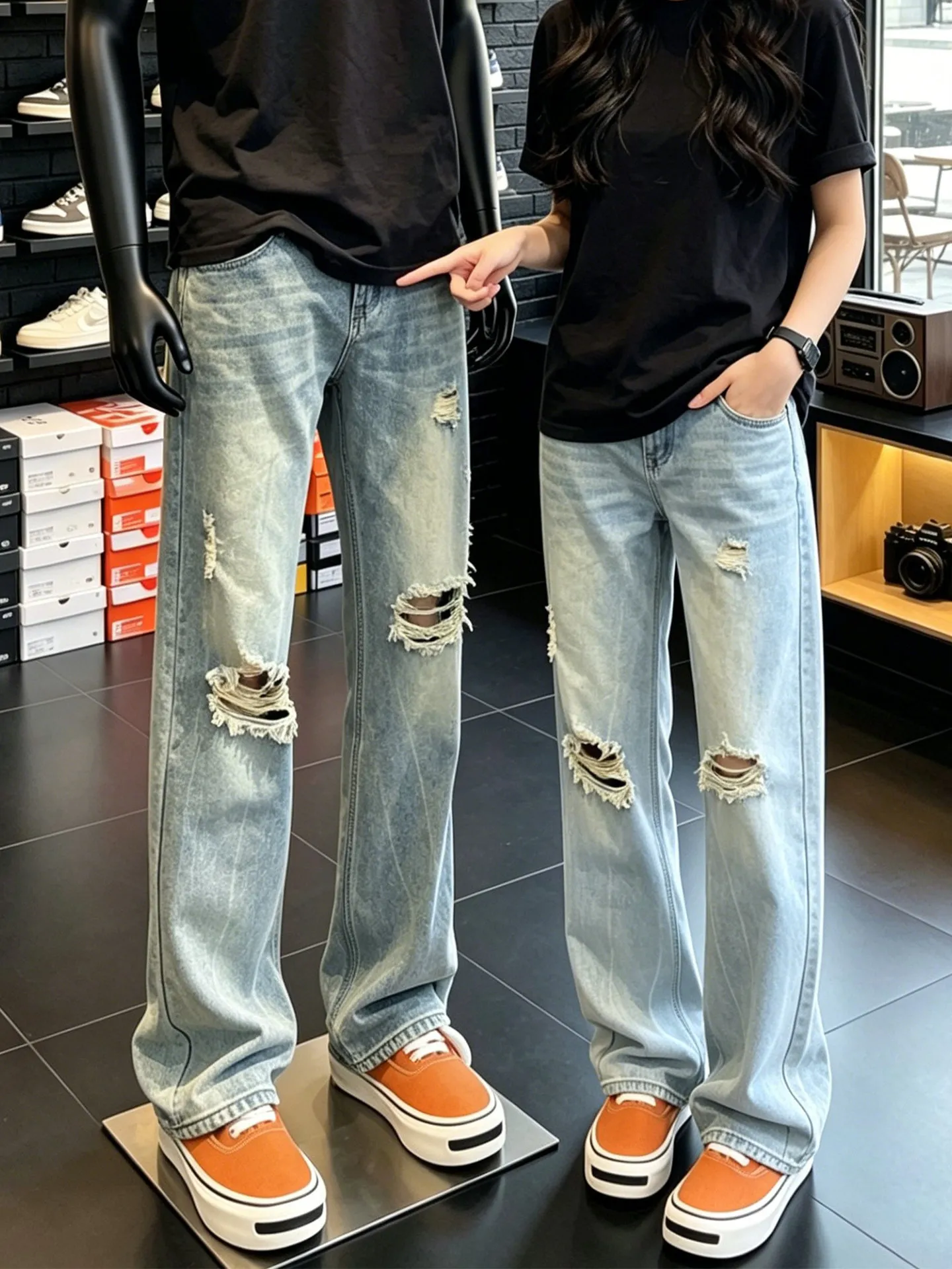 Calça Jeans Azul Lavada de Perna Reta Masculina e Feminina, Fina de Verão, Estilo Americano High Street, Calça Knife, Nova Ca...