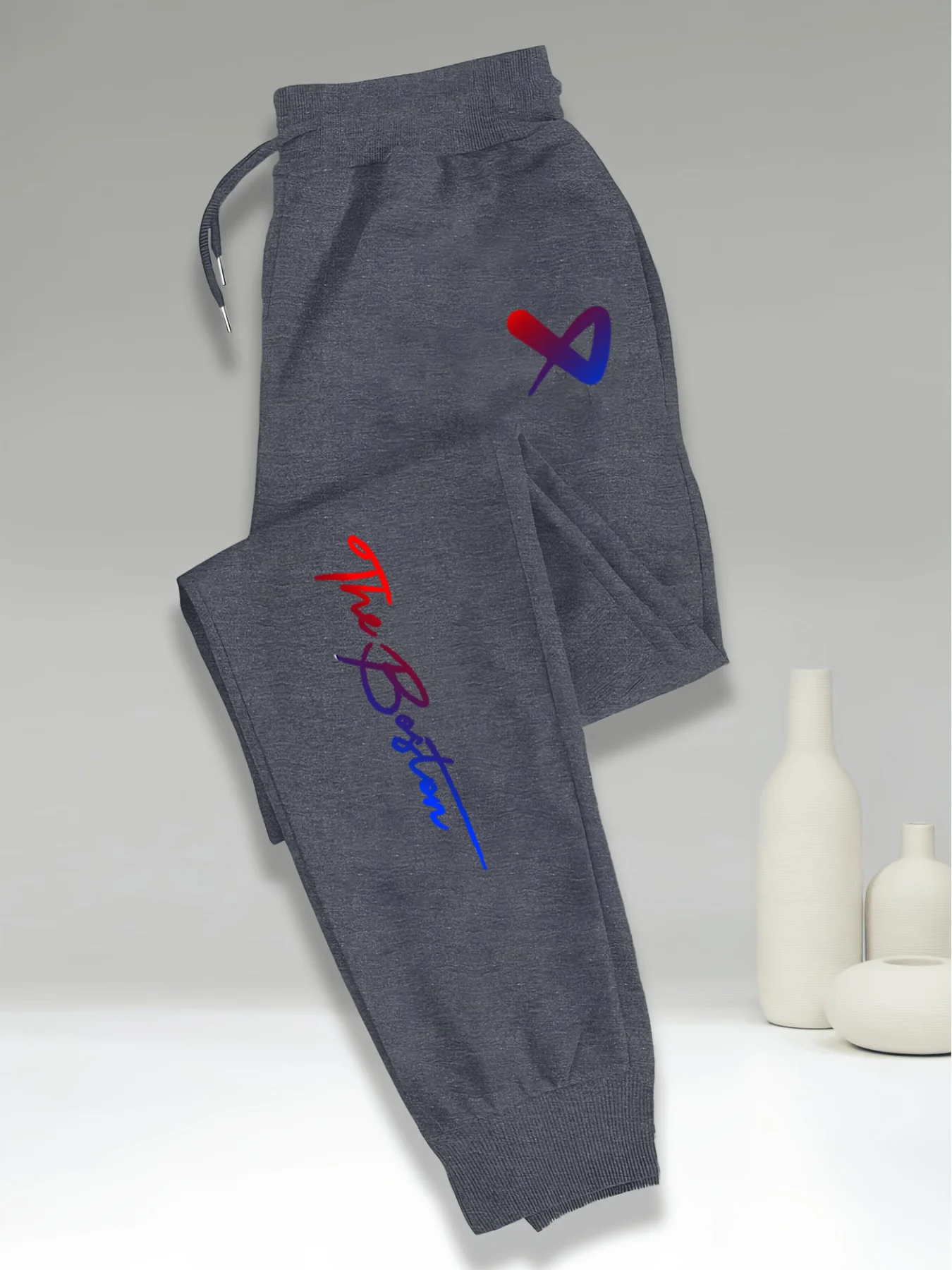 Men's Casual Sports Pants,Drawstring Cuff Design, Made of  Polyester Knit Fabric, Elastic Waistband, Printed Pattern, For Adults