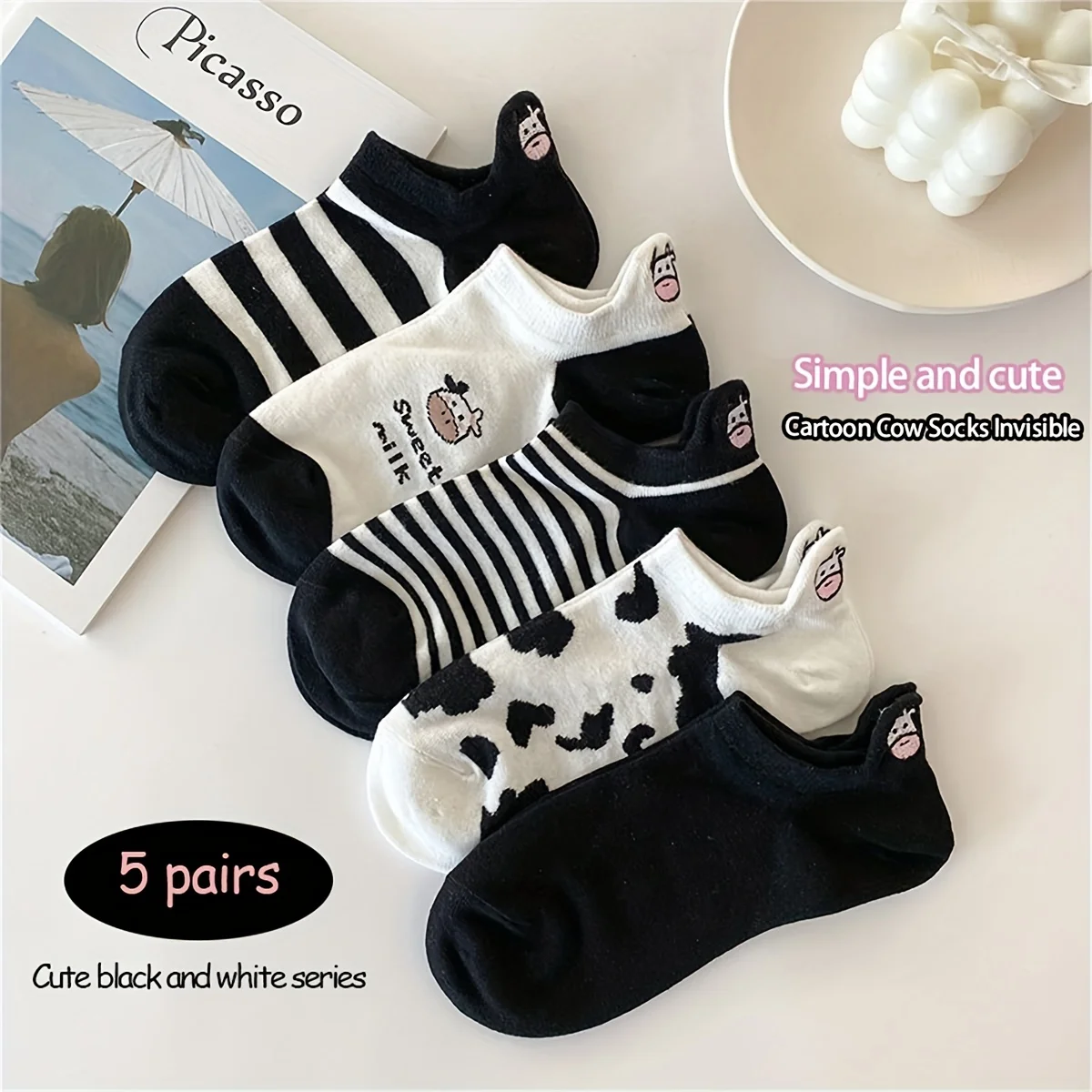

5 pairs of women's boat socks/cartoon cow socks invisible and cute black and white color matching women's socks short socks