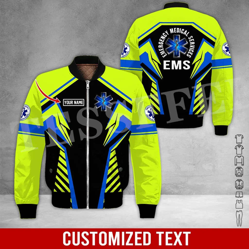 

Newest EMS EMT Nurse Paramedic Medical Tattoo Custom Name 3DPrint Men/Women Unisex Winter Windbreaker Warm Coat Bomber Jacket V