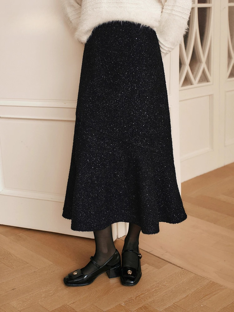 

OLrain Women Fishtail Skirt 2025 Autumn New French Black High-waist Skirt Temperament Commute Sequined Ladies Clothes O56DB95156
