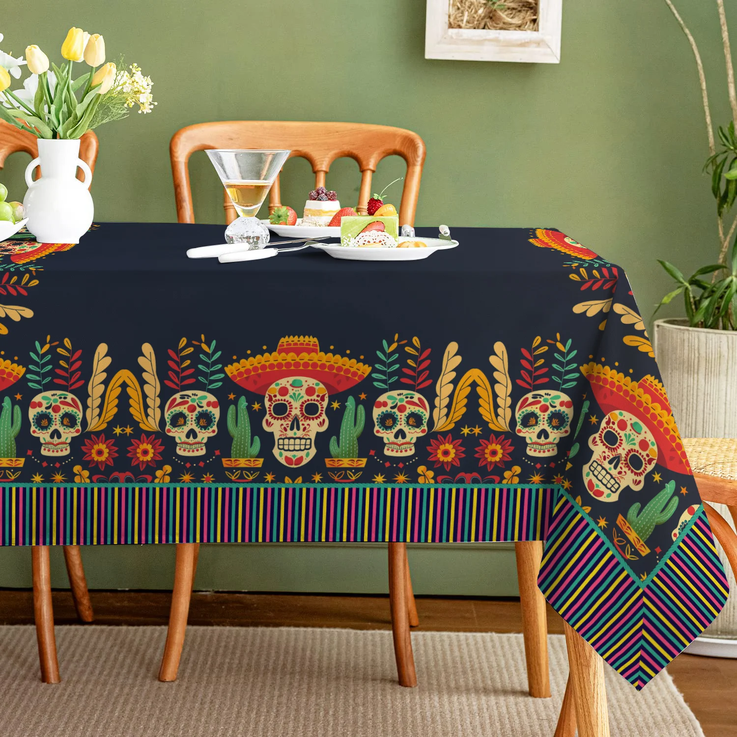 One item - Skull-printed rectangular tablecloth for Dia de los Muertos in Mexico / Home decor tablecloth yzb