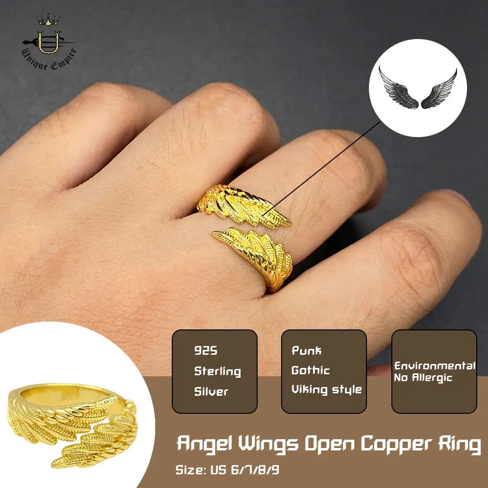 Vintage Gold Angel Wing Open Rings Copper Feather For Men And Women Couple Guardian Ring Anniversary Party Gift Jewelry