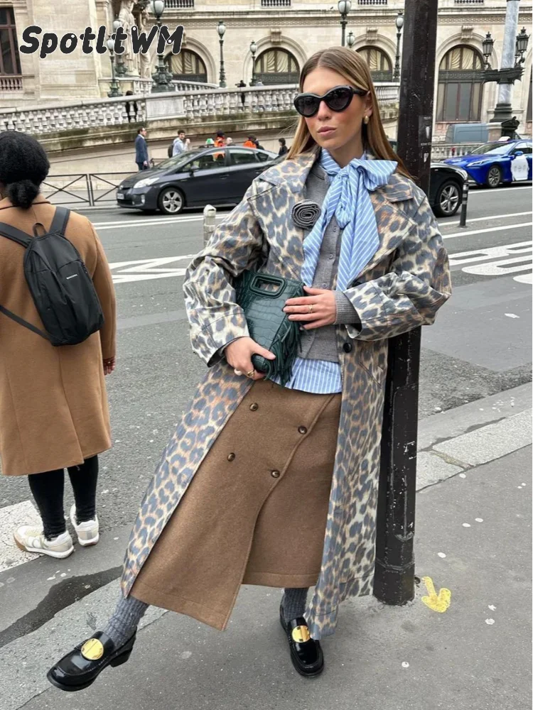 

Vintage Leopard Print Single Breasted Long Overcoats Lapel Full Sleeve Pocket Loose Windbreak Coat Fashion Lady Commute Outwear