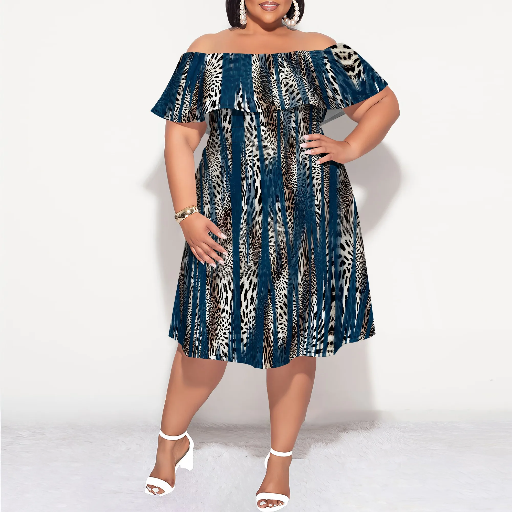 

Plus Size Off Shoulder Leopard Print Dress Women Casual Blue Short Sleeve Mini Dress