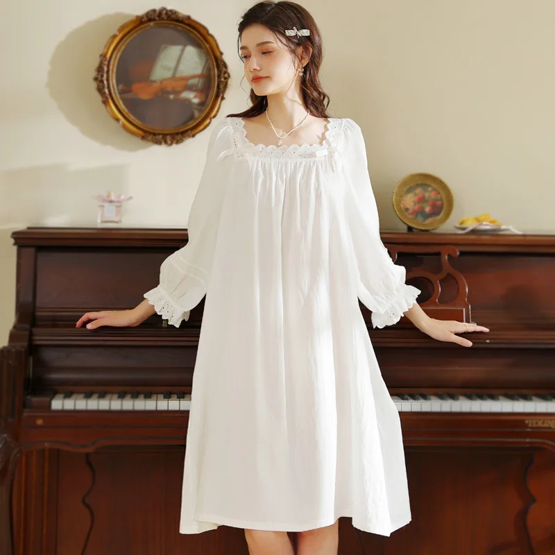 New Spring Autumn Long Sleeved Nightdress Sweet Retro White Loose Fit Princess Style Short Loungewear Girls Women XL Size
