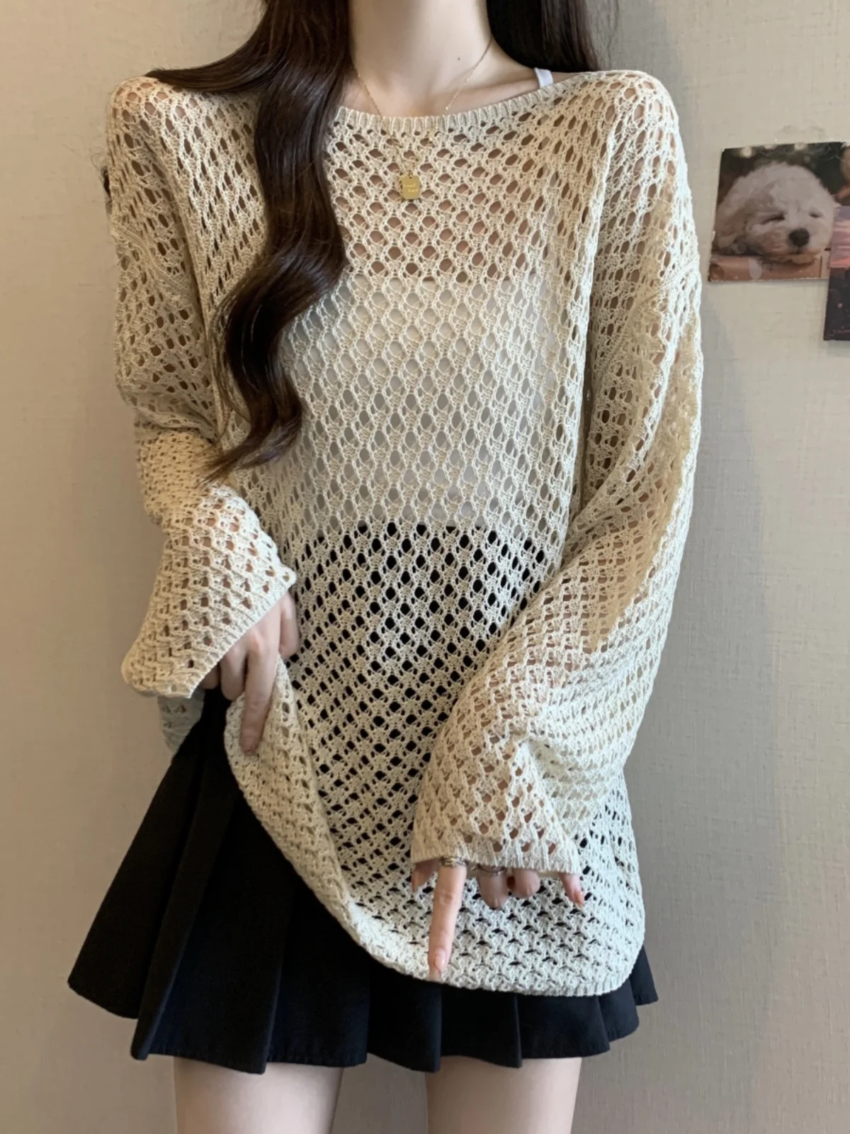 Women's Long Sleeve Knitted Hollow out Loose Fit Chic Top Micro Transparent Korean Style Spring Autumn plus Size Comfortable ...