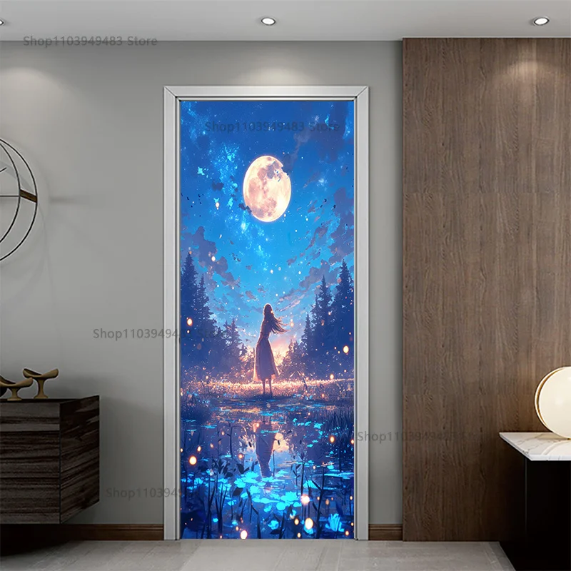 Romantic Starry Night Galaxy Door Mural Self-adhesive Wallpaper for Home Decoration PVC Waterproof Poster Renovation Stickers
