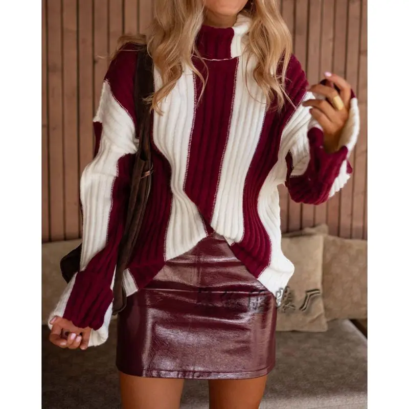 

Combhasaki женский рождественский свитер с высоким воротником в полоску контрастного цвета, повседневный лоскутный трикотаж с длинными рукавами, джемперы, топы