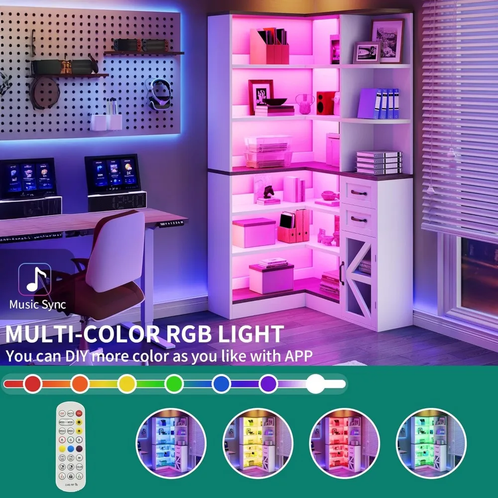 رف كتب زاوية مع مساحة تخزين، رف كتب من 6 طبقات للمزرعة مع أدراج وخزائن، خزانة كتب على شكل حرف L وأضواء LED وشاشة زاوية #4