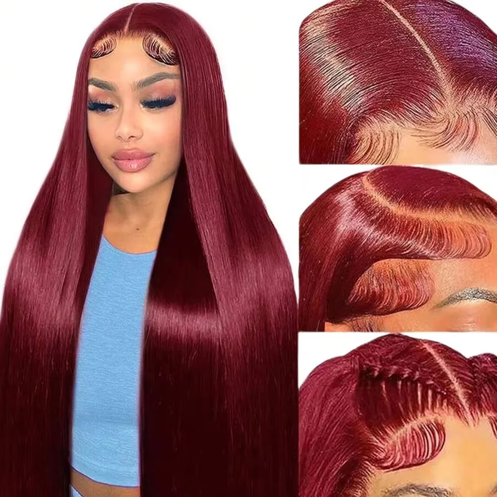 

99J Burgundy 18-46 Inches Brazilian Bone Straight 13x6 HD Lace Front Pre Plucked Human Hair Wig For Women 13x4 Lace Frontal Wigs
