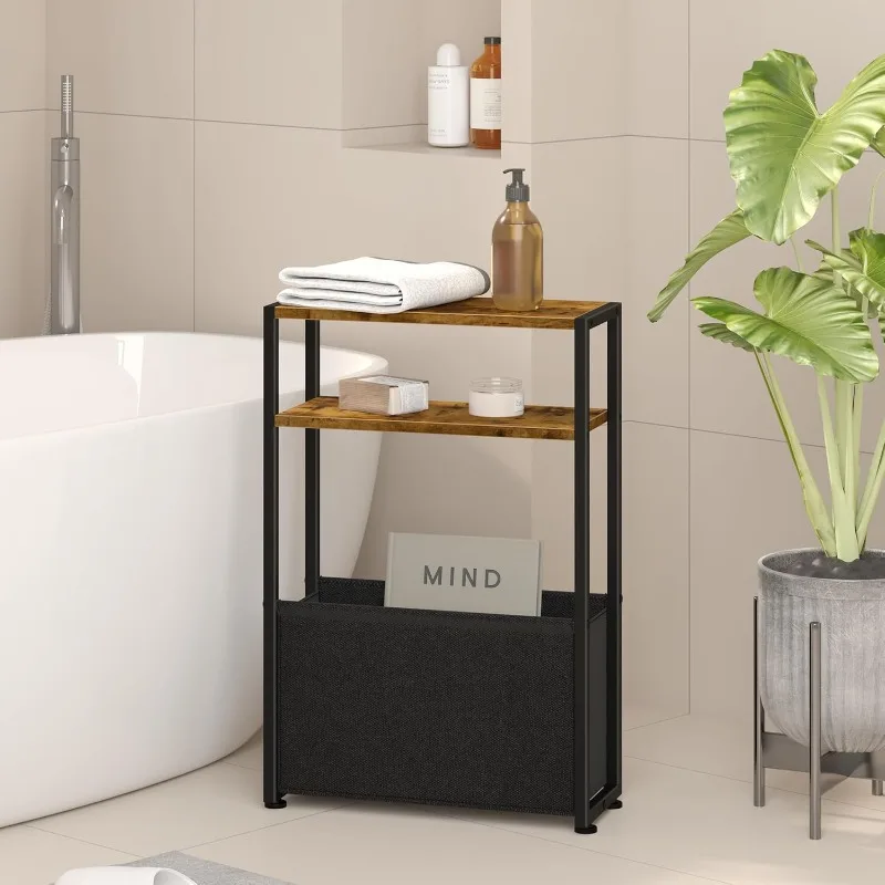 

Narrow Side Table, Slim End Tables with Fabric Basket, Skinny Table for Small Spaces, Thin Bedside Table for Living Room, Bedroo