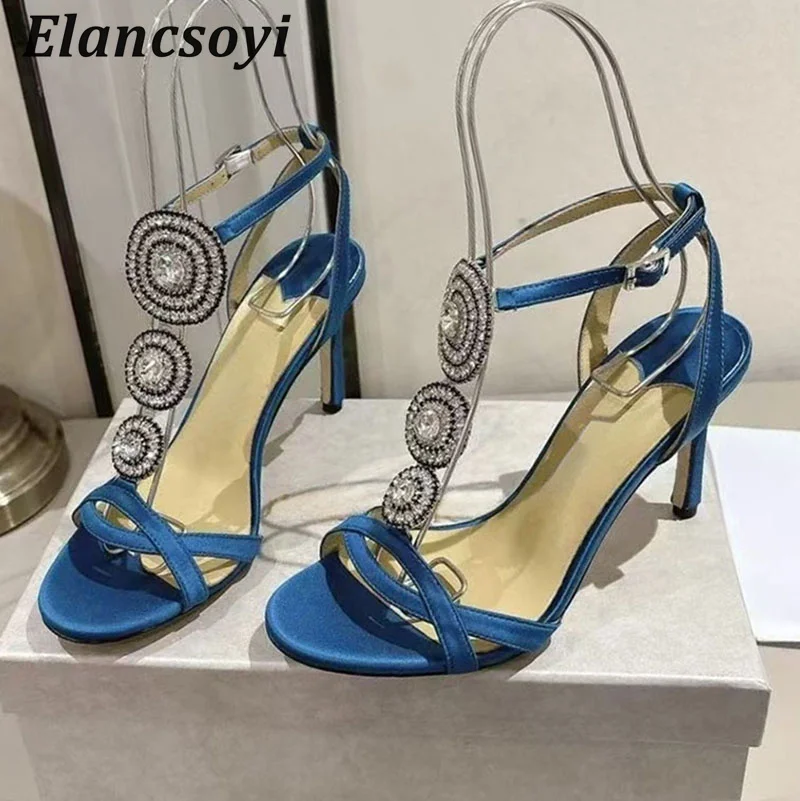 High Heels Sandals Shiny Rhinestone Thin Heels Women Pumps Open Toe Ankle Strap Sandalias Summer Sexy Party Banquet Shoes 2025