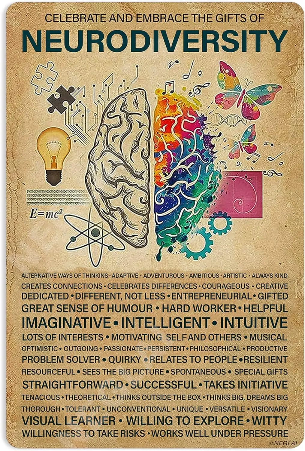Affiche en métal sur la neurodiversité, décorations murales, décor vintage, panneau de 8x12 pouces