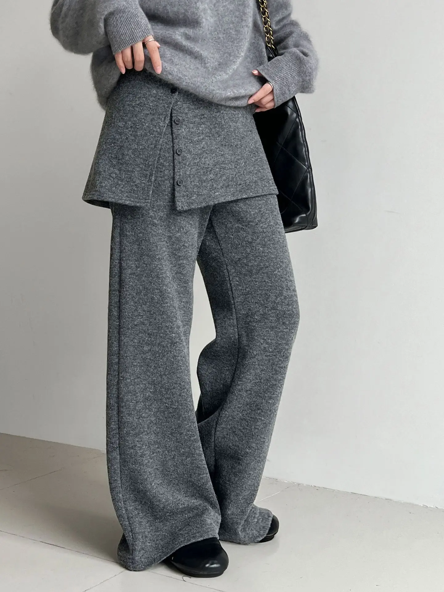 Fake Two Piece Pants Women Korean Fashion Flared Trousers Relaxed Fit Wide Leg Autumn Winter Slimming Casual High Waist Pants