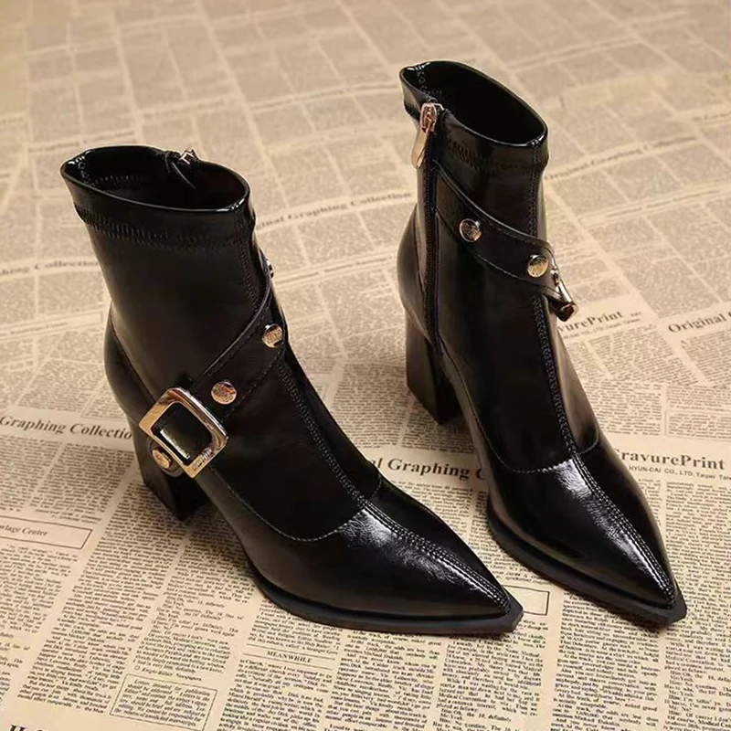 

Punk Metal Buckle High Heel Ankle Boots Women 2026 Winter New Rock Rivet Pointed Toe Leather Short Boots Sexy Woman's Y2K Shoes