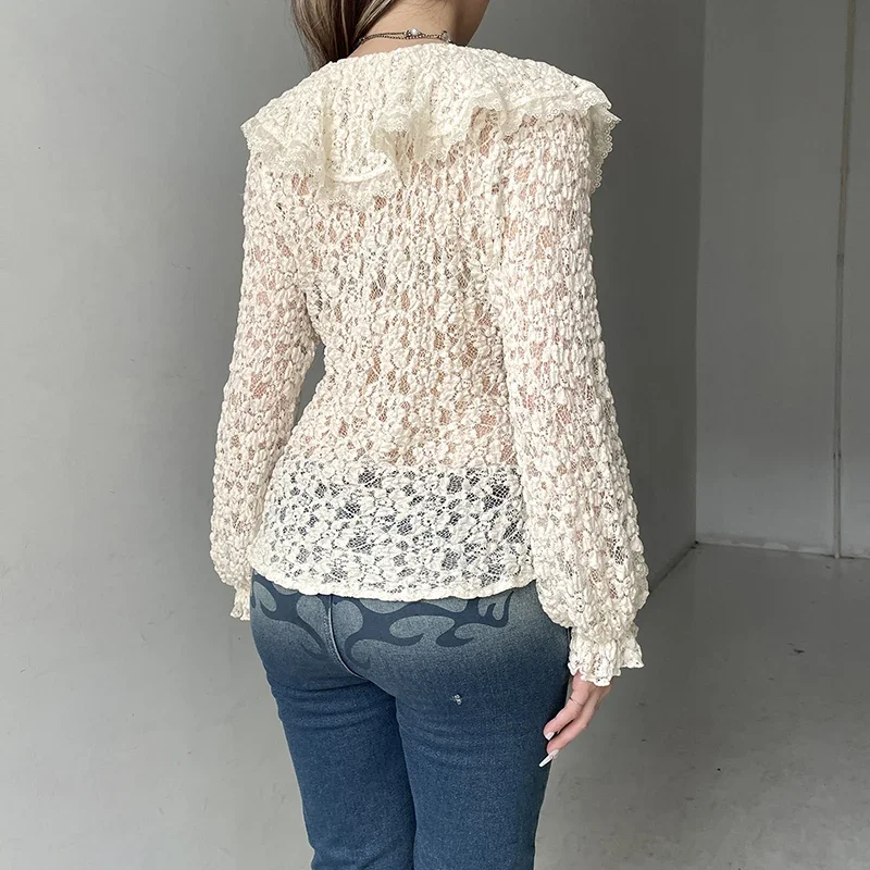 2025 New Fungus Splice Lace Shirt For Women V Neck Lantern Sleeve Ruched Top Cardigan Elegant Commuting Female Blouses Fashion