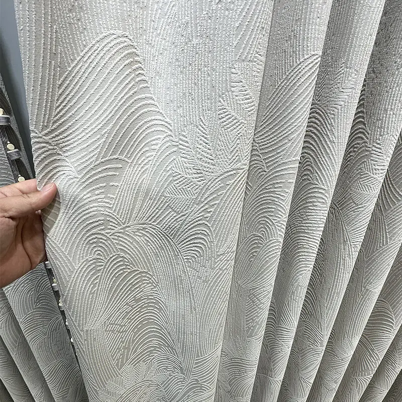 Chinese Style Gray White Jacquard Chenille Blackout Relief Curtains for For Living Room, Bedroom, Floor To Ceiling Customization