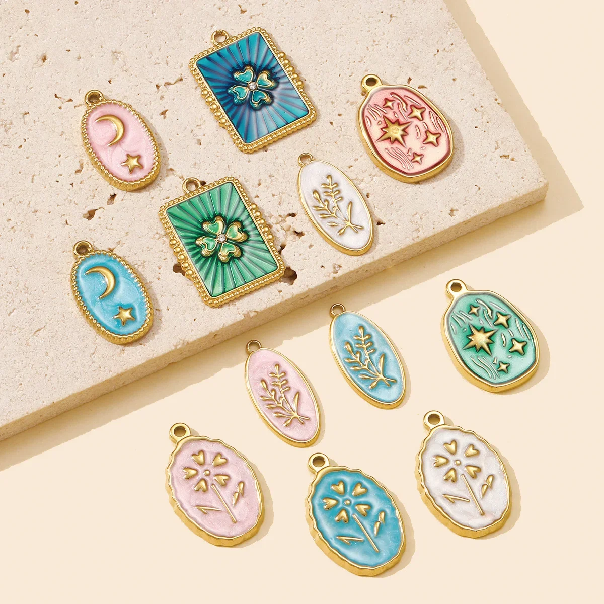 3pcs/Lot  Wholesale Enamel Star Crescent Stainless Steel DIY Earring Charms Leaf Clover Necklace Pendants Woman Flower Jewelry