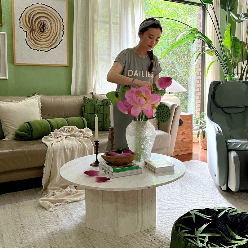 Natural Cave Stone Tea Table Marble Living Room Wabi Sabi French Round Coffee Table