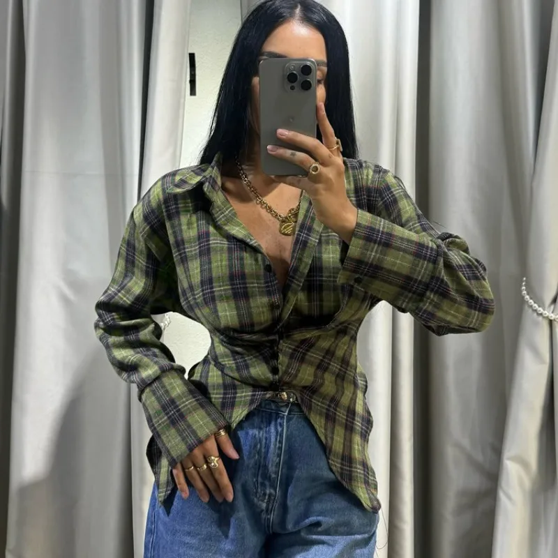 Gothic Vintage Checkered Shirt Long-sleeved Bandage Slim Single-breasted Blouses Women's Clothing Design Shirts Tops Trendy New