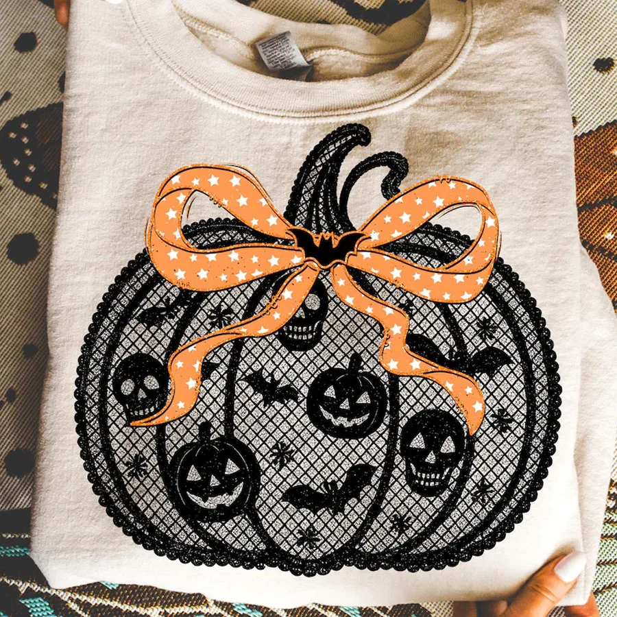 Calabaza de encaje negro para Halloween, pegatina de transferencia de calor para planchar, camisetas, sudaderas, bolsa, fundas de almohada, ropa, decoración de fiesta