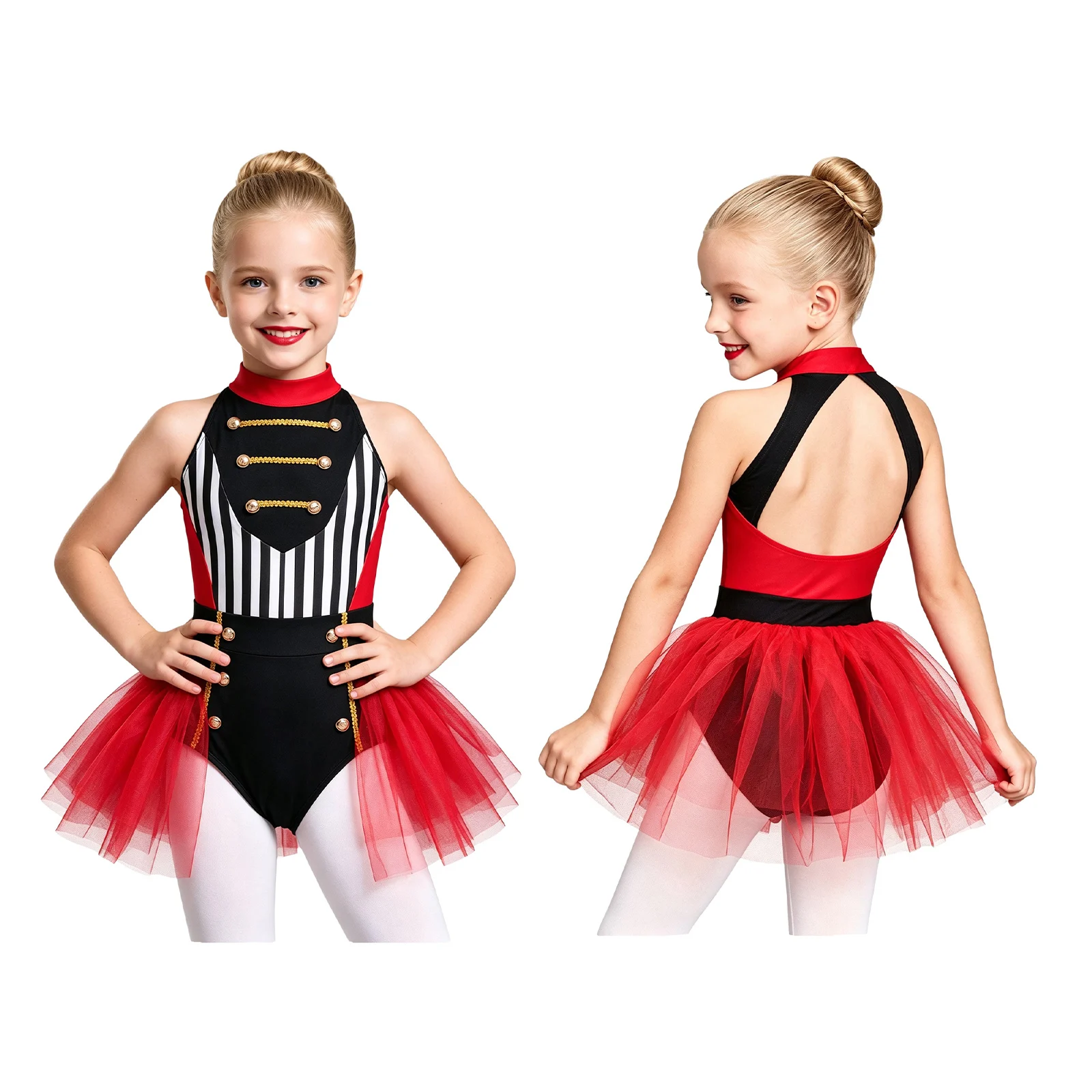 Girls Circus Ringmaster Costume Ballet Skating Gymnastics Leotard Halter Sleeveless Tulle Skirted Bodysuit for Halloween Party