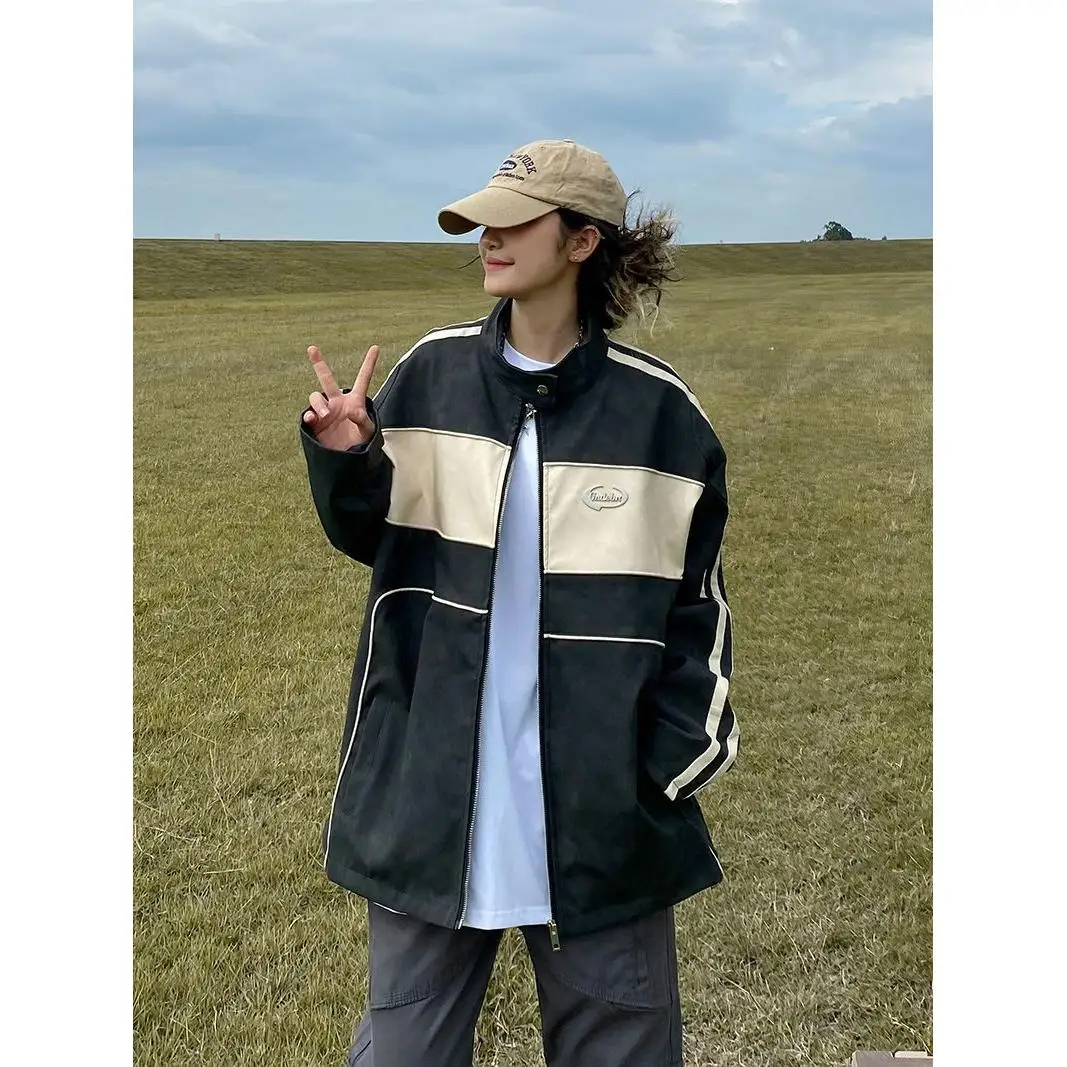 

Винтажная американская кожаная куртка в стиле колор-блок для женщин, весенне-осенняя, с высоким воротником, мотоциклетная одежда, асимметричный подол