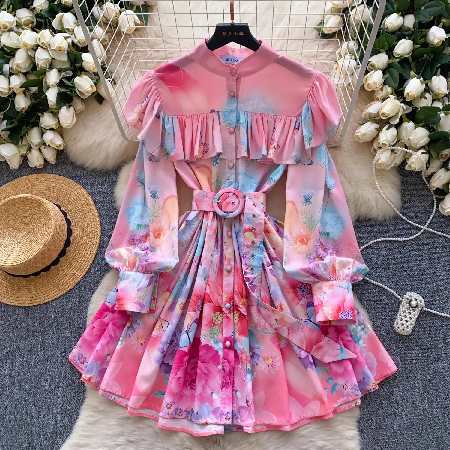 

2025 Spring Summer Gorgeous Flower Linen Robe Dress For Women Ruffles Long Lantern Sleeve Single Breasted Belt Mini Vestidos