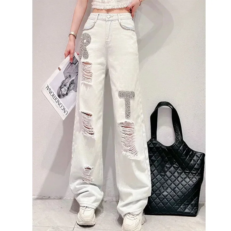 

Streetwear Fashion Solid Color Distressed Pants Women Clothing Autumn Trend Young Style High Waist Diamonds Denim Trousers LJ471