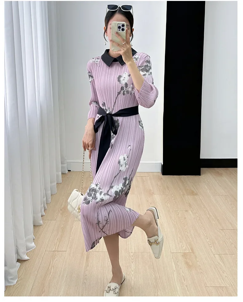 

Miyake Pleated Dress Women's 2023 Autumn New Fashion Print High-end Fashion POLO Collar Three-quarter Sleeves Elegant Dresses