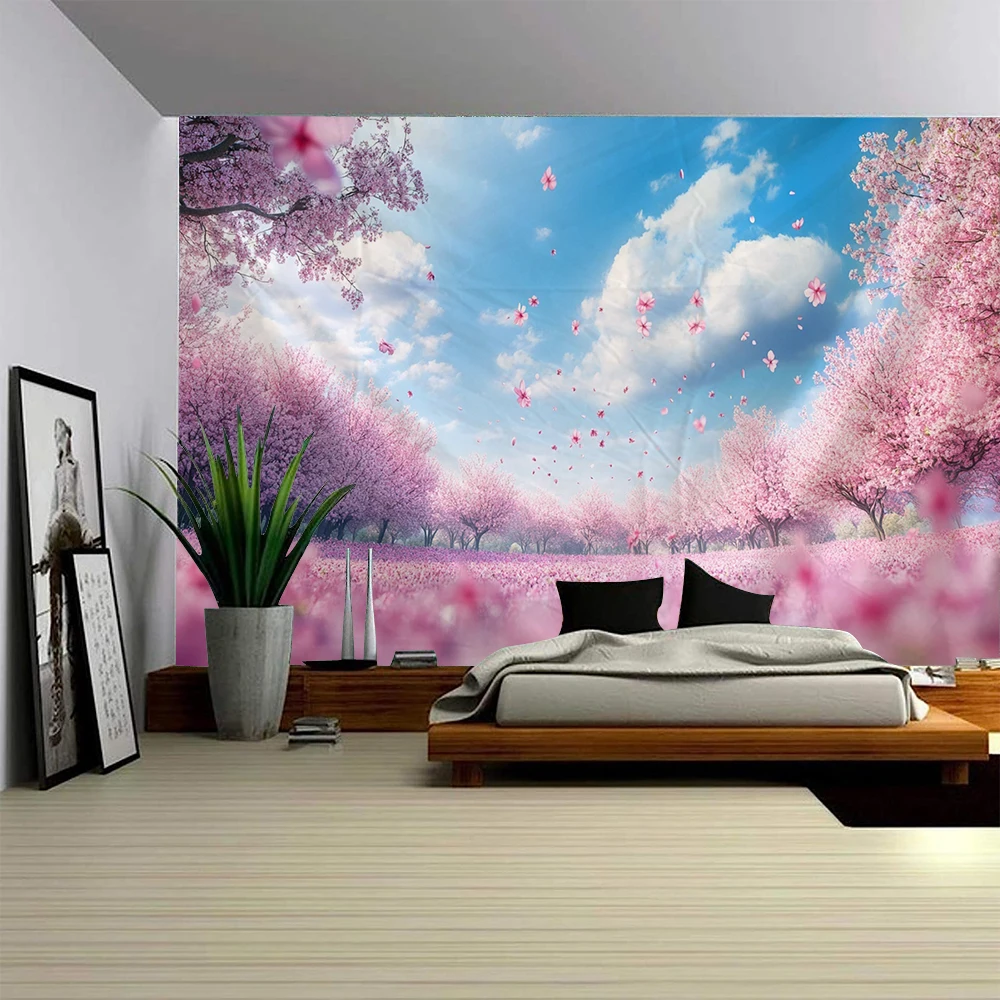 Blue sky, white clouds, peach blossoms blooming, beautiful scenery, home background, wall decoration, tapestry