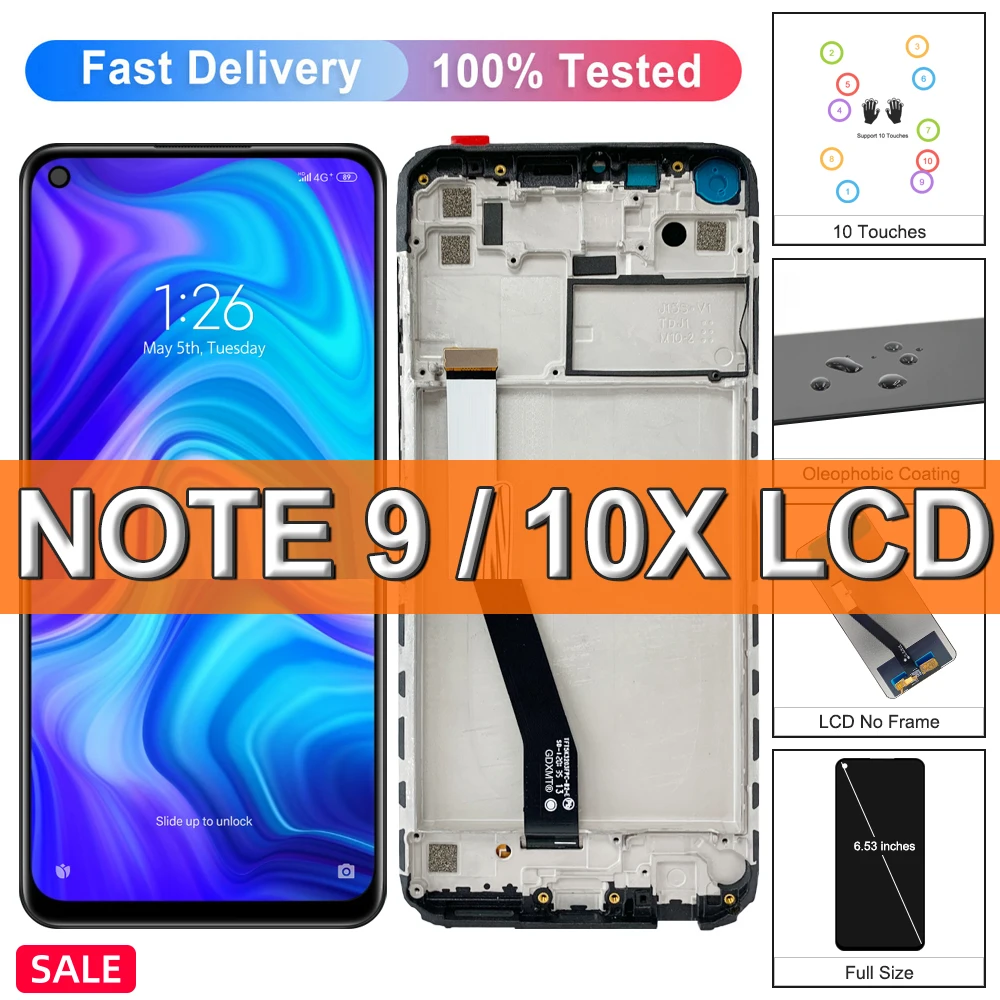 

6,53 "для Redmi Note 9, сенсорный ЖК-дисплей, для Redmi Note 9, M2003J15SC M2003J15SG, дисплей Redmi 10X, с рамкой