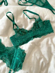 Lace mesh thin section lingerie large breast underwear sexy lace bra set women breathable green romantic bralette