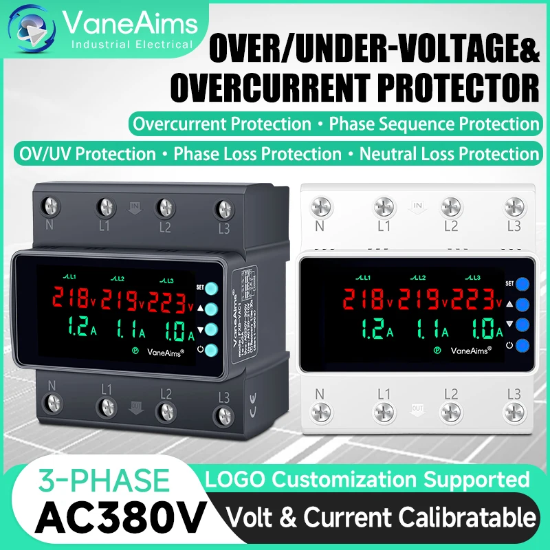 63A 100A 3 Phase Adjustable Voltage Current Protector AC380V Din Rail Over and Under Voltage Overcurrent Relay Protector SYN ASY