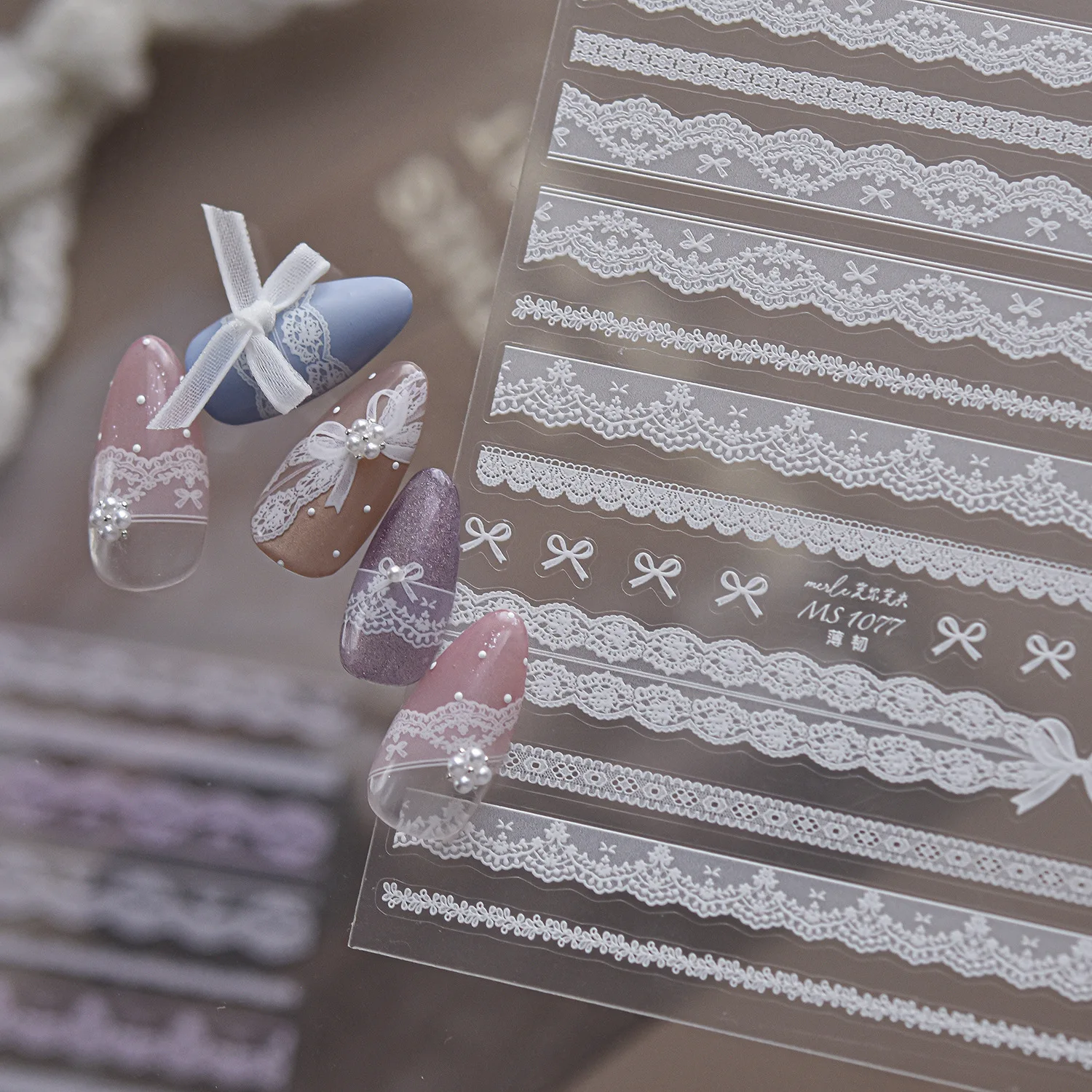 White Black Pink Lace Bow 5D Nail Stickers Large Wave Lace Line Bow Flower Hollow Out French Ballet Self Adhesive Nail Decal