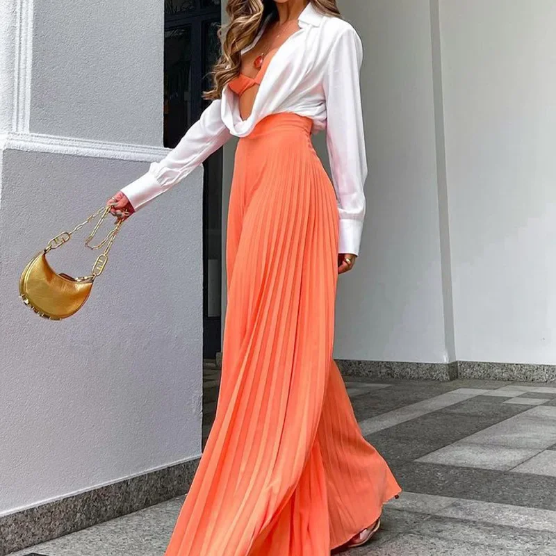 2024 Spring Autumn Women\'s Clothing Solid Color Fashion Elegant Pleated High Waist Long Wide-Leg Pants Temperament And Fashion