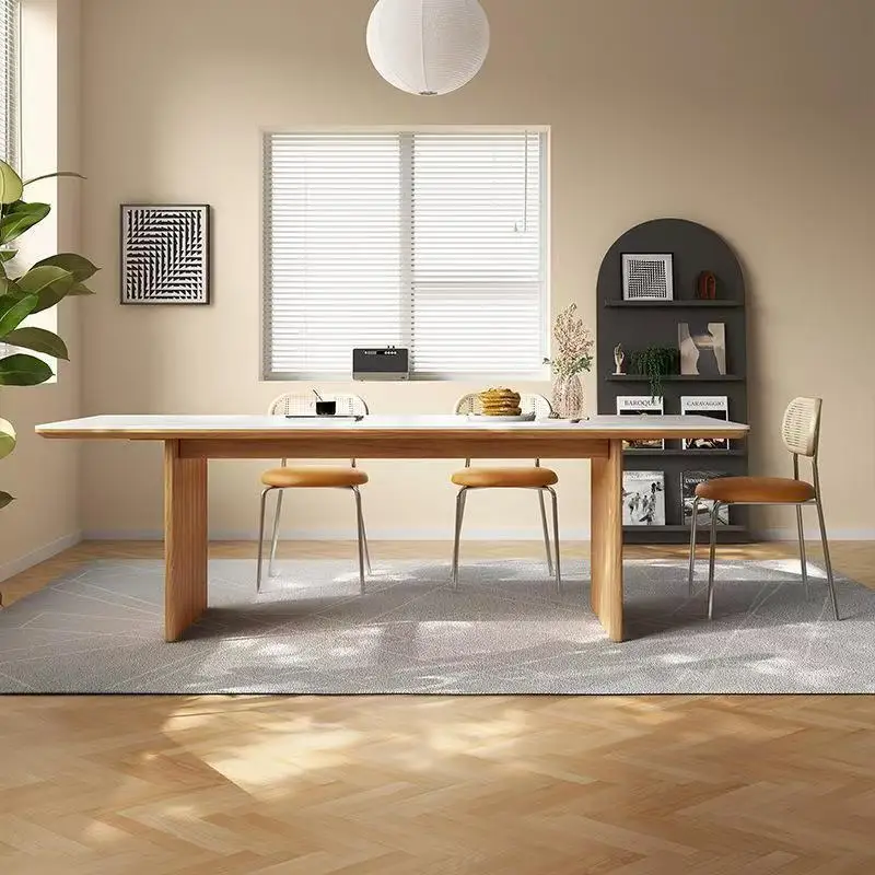 طاولة طعام من الخشب الصلب، طاولة طعام حديثة وبسيطة وخفيفة فاخرة، مستطيلة الشكل، شمع أبيض #3