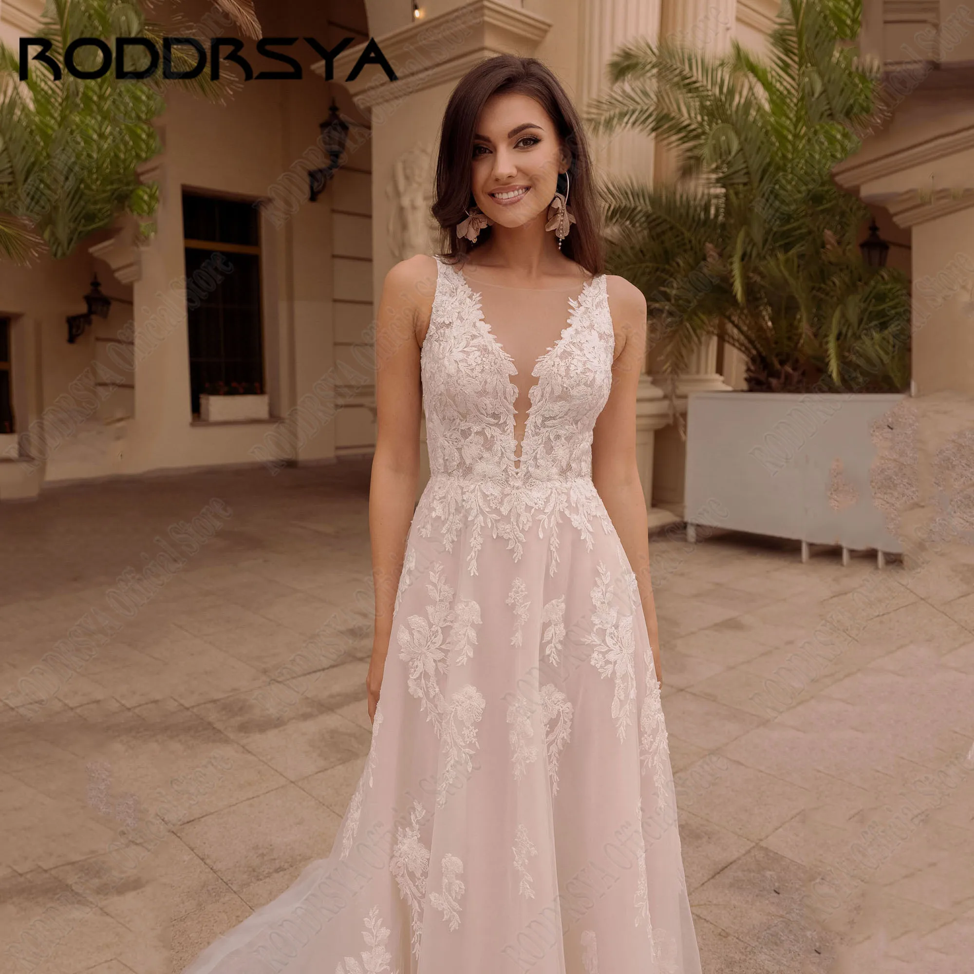 RODDRSYA abiti da sposa a-line senza maniche personalizzati Scoop Applique pizzo Backless abiti da sposa Boho Robe De Mariee Sweep TrainRODRSYA Personalizzato Senza Maniche A-Line Abiti Da Sposa Scoop Applique Pizzo Ba