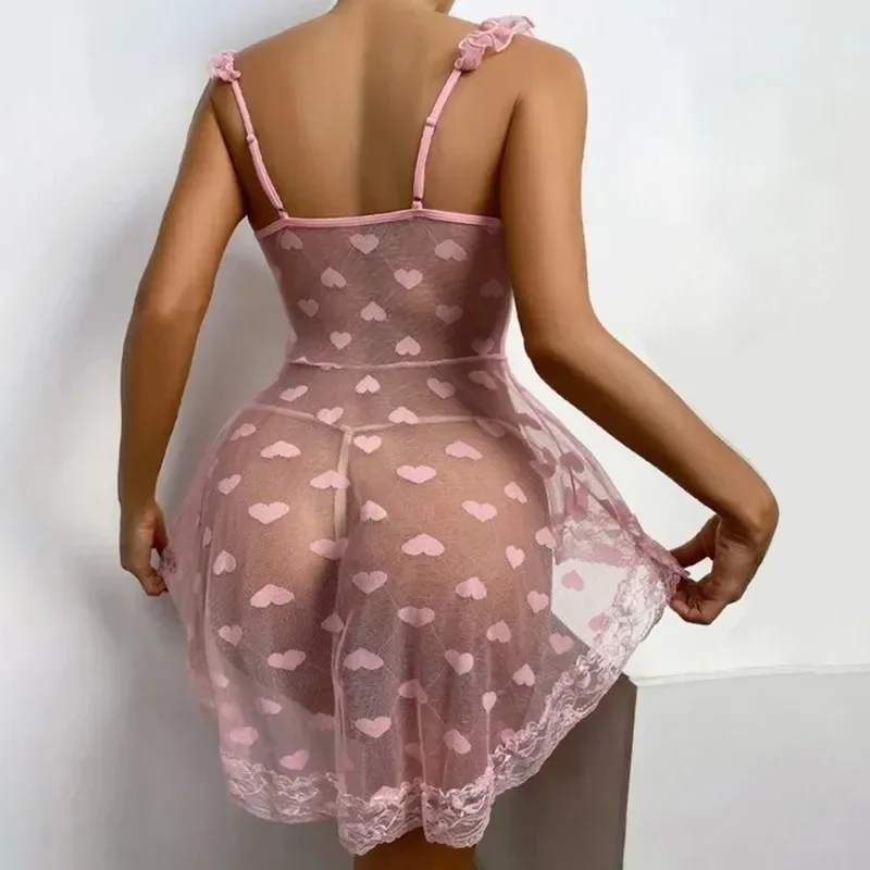 

Plus Size Mesh Sling Nightdress Lace Emotional Lingerie Sexy Nightwear Female Temptation Nighties for Women Sleeping S-5XL Dress